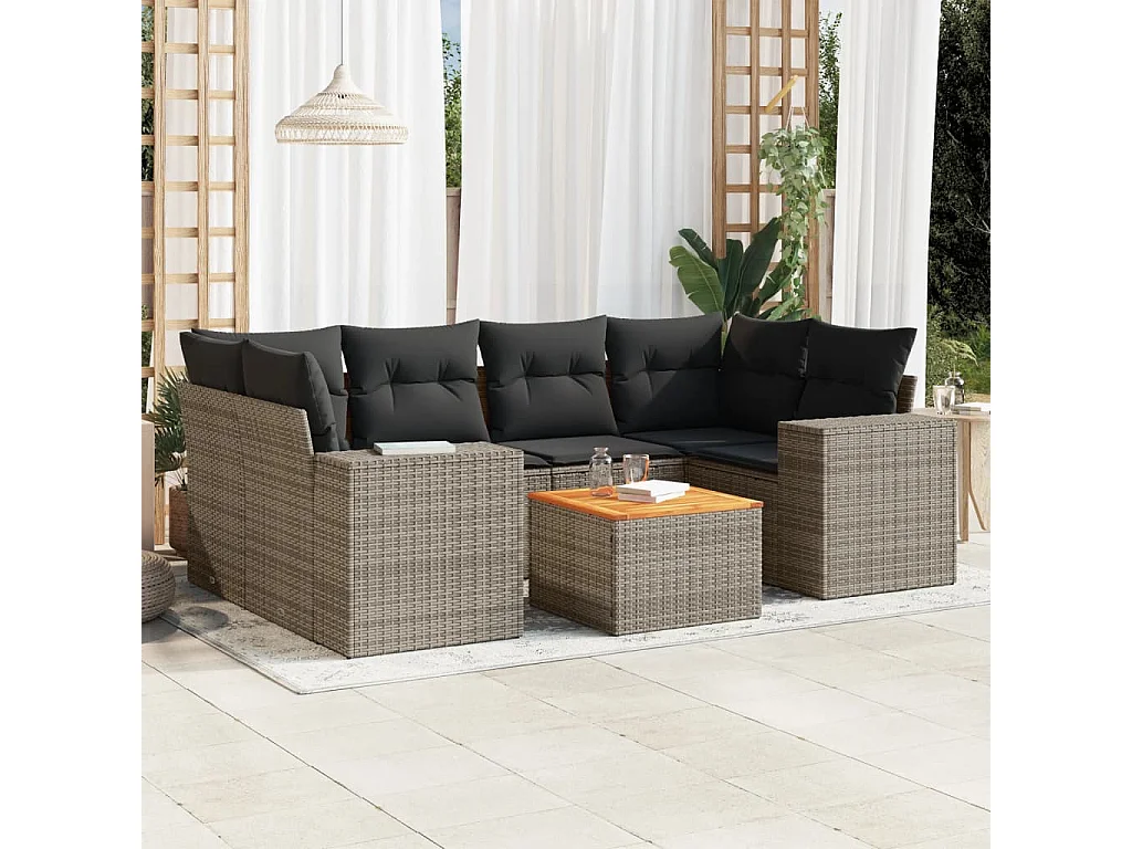 Salon de jardin avec coussins 7 pcs gris résine tressée