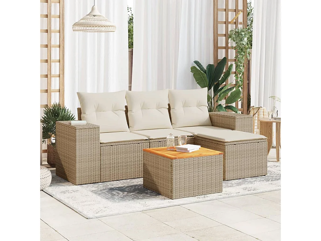 Salon de jardin avec coussins 5 pcs beige résine tressée