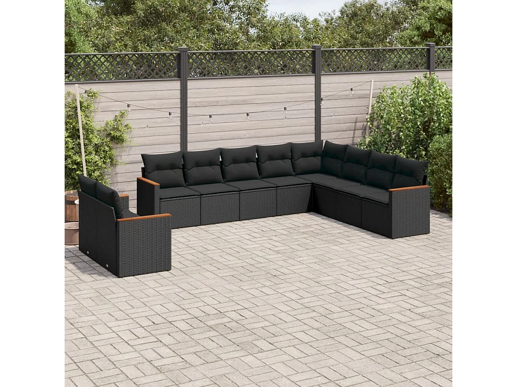 Salon de jardin 10 pcs avec coussins noir résine tressée