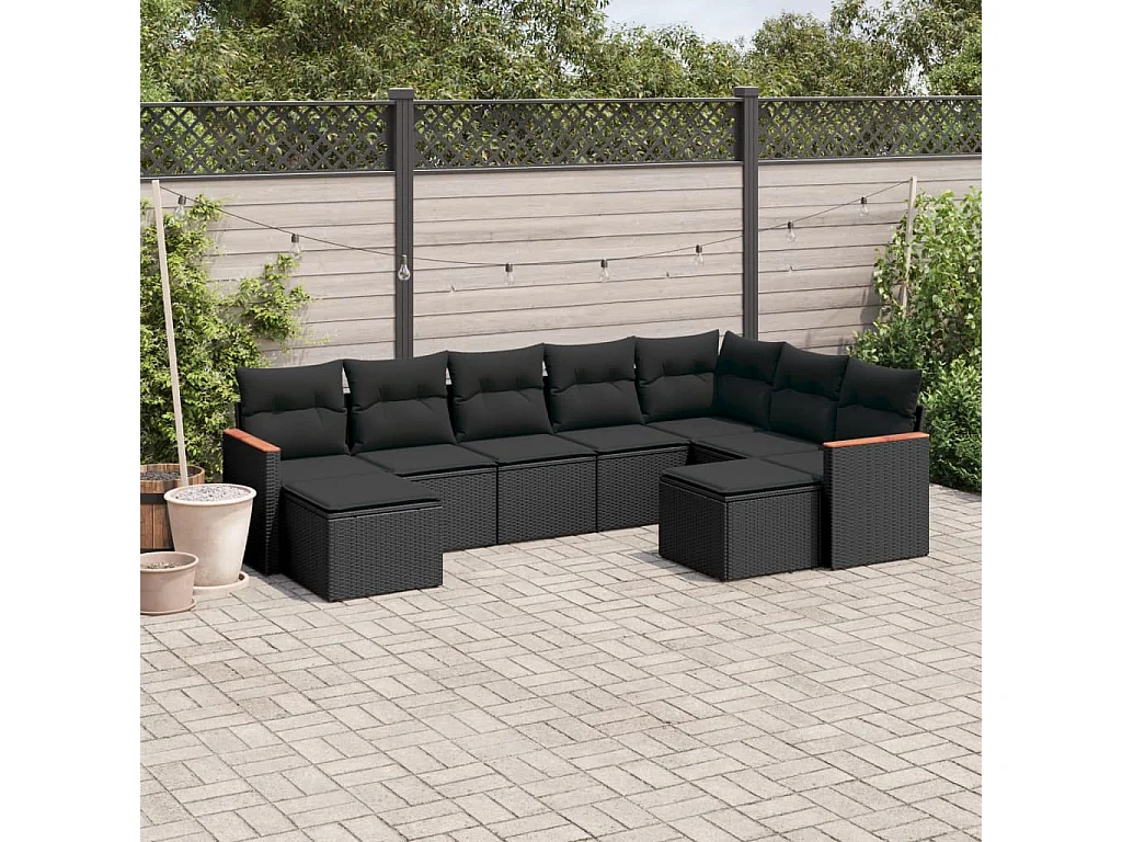 Salon de jardin 9 pcs avec coussins noir résine tressée