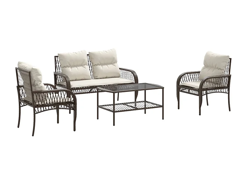 Salon de jardin 4 pcs avec coussins marron résine tressée