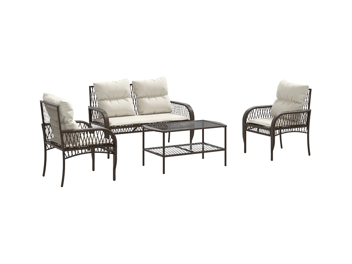 Salon de jardin 4 pcs avec coussins marron résine tressée