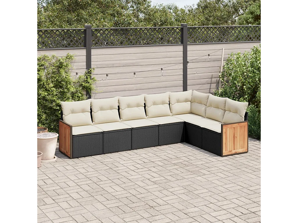 Salon de jardin 7 pcs avec coussins noir résine tressée