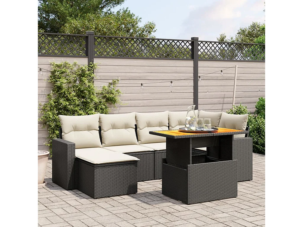 Salon de jardin 7 pcs avec coussins noir résine tressée