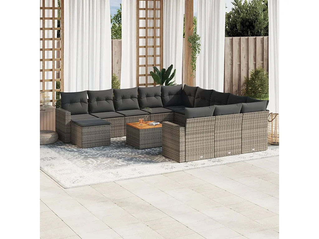 Salon de jardin avec coussins 13 pcs gris résine tressée