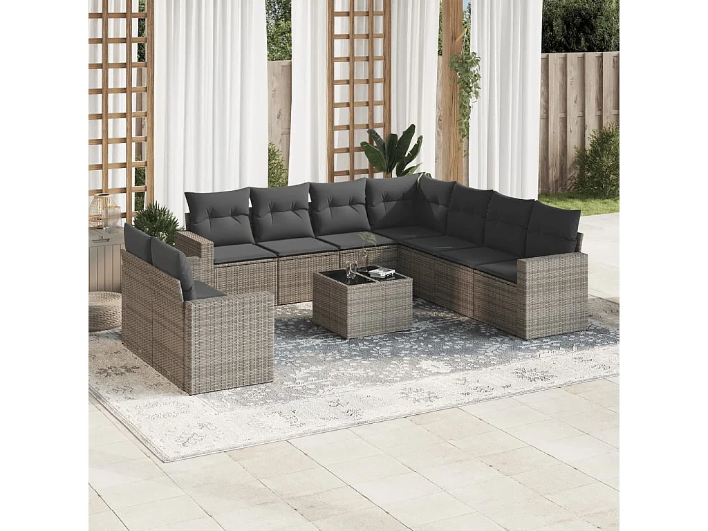 Salon de jardin avec coussins 10 pcs gris résine tressée