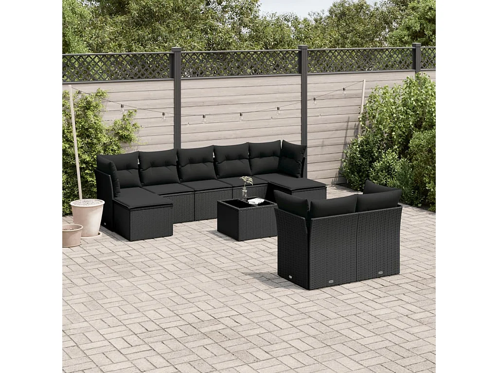 Salon de jardin 10 pcs avec coussins noir résine tressée