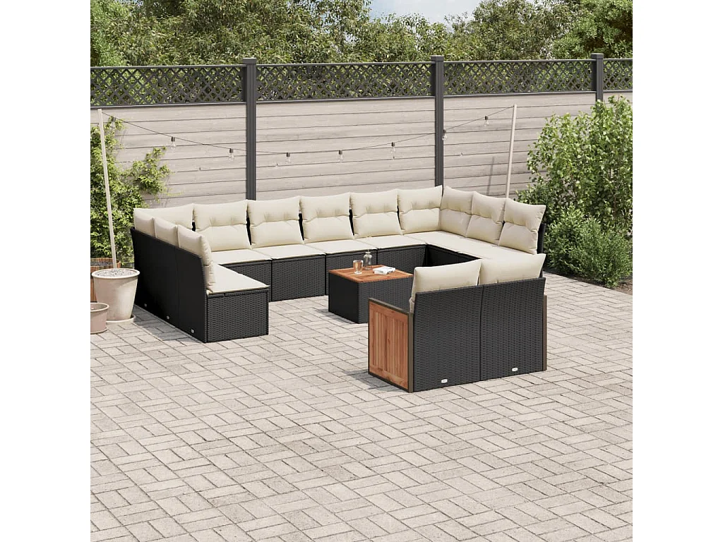 Salon de jardin avec coussins 13 pcs noir résine tressée