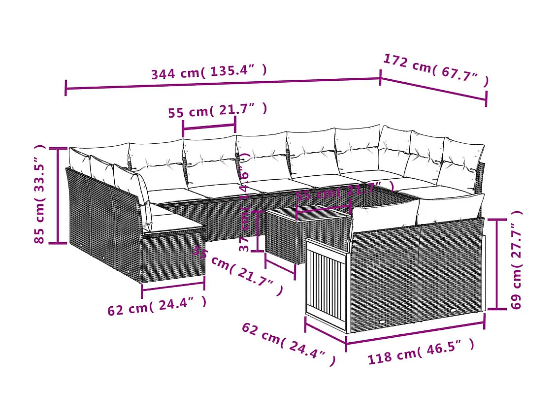 Salon de jardin avec coussins 13 pcs noir résine tressée