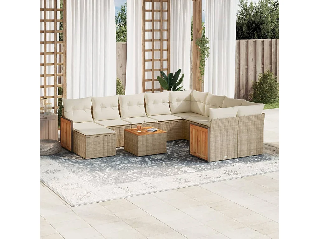 Salon de jardin 11 pcs avec coussins beige résine tressée