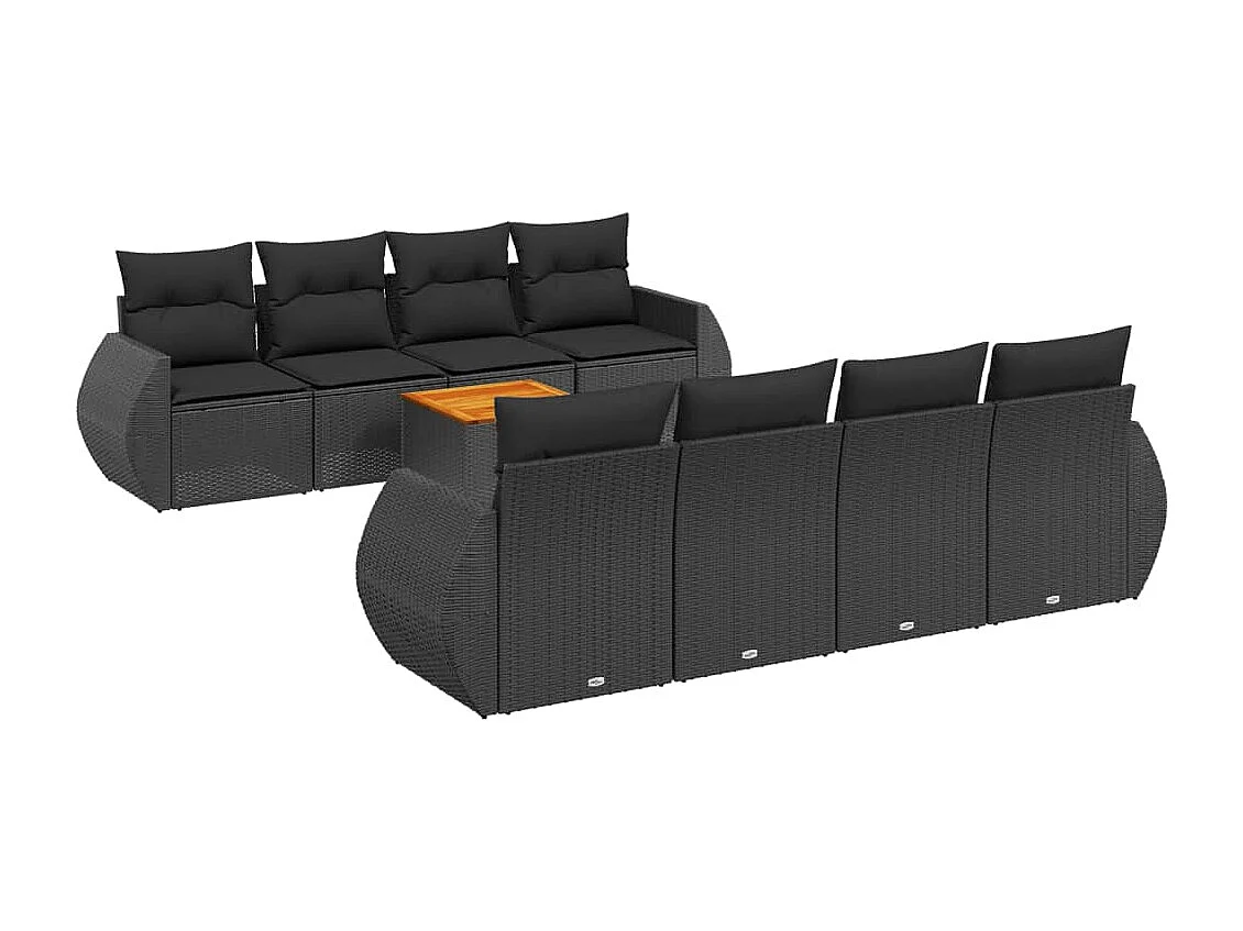 Salon de jardin 9 pcs avec coussins noir résine tressée