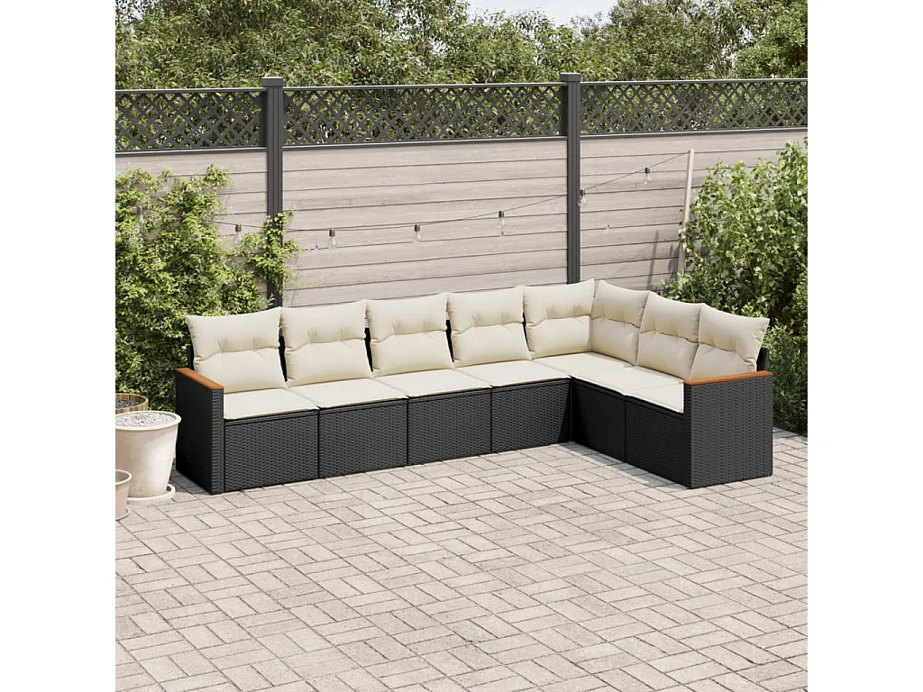 Salon de jardin 7 pcs avec coussins noir résine tressée