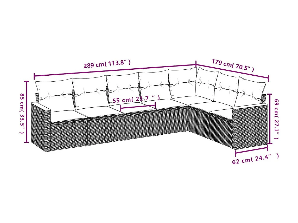Salon de jardin 7 pcs avec coussins noir résine tressée