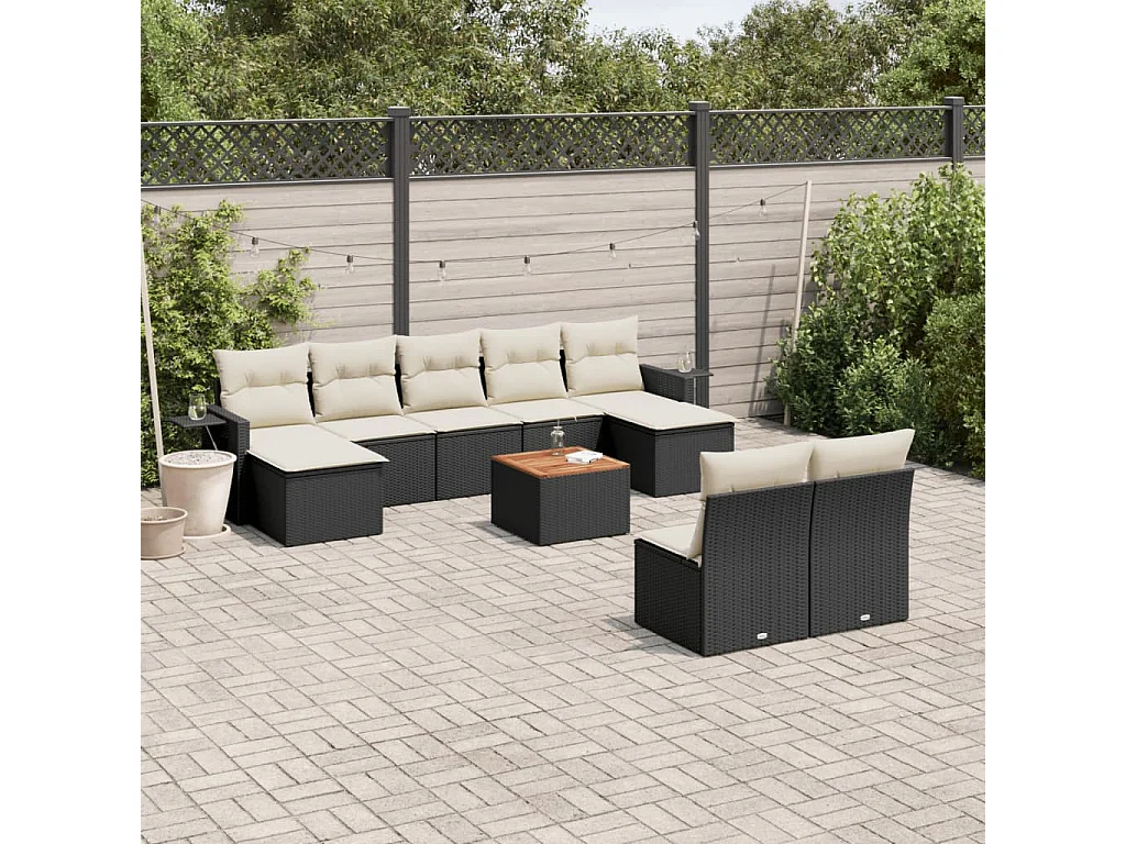 Salon de jardin 10 pcs avec coussins noir résine tressée