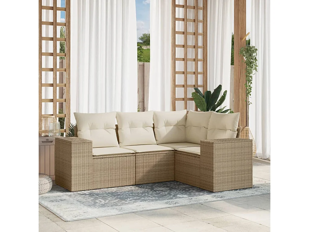 Salon de jardin avec coussins 4 pcs beige résine tressée