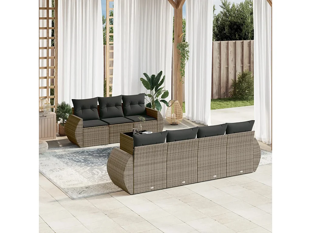 Salon de jardin 8 pcs avec coussins gris résine tressée