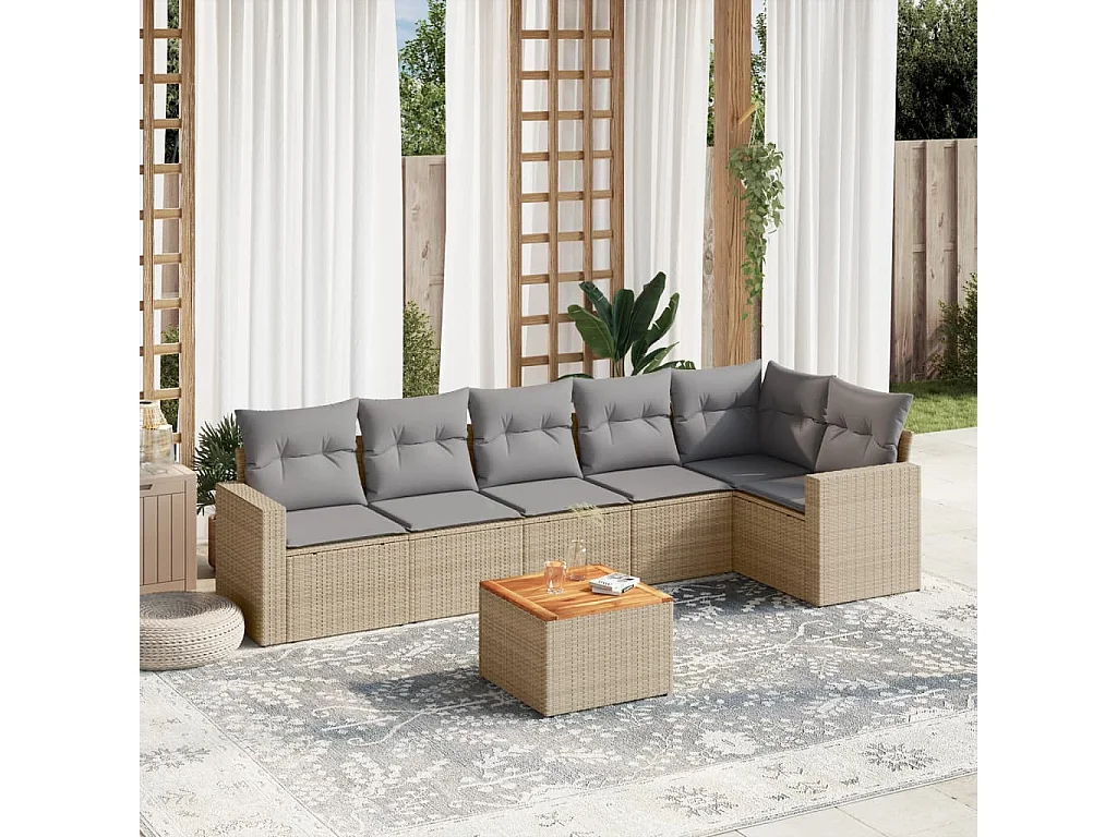 Salon de jardin avec coussins 7 pcs beige résine tressée