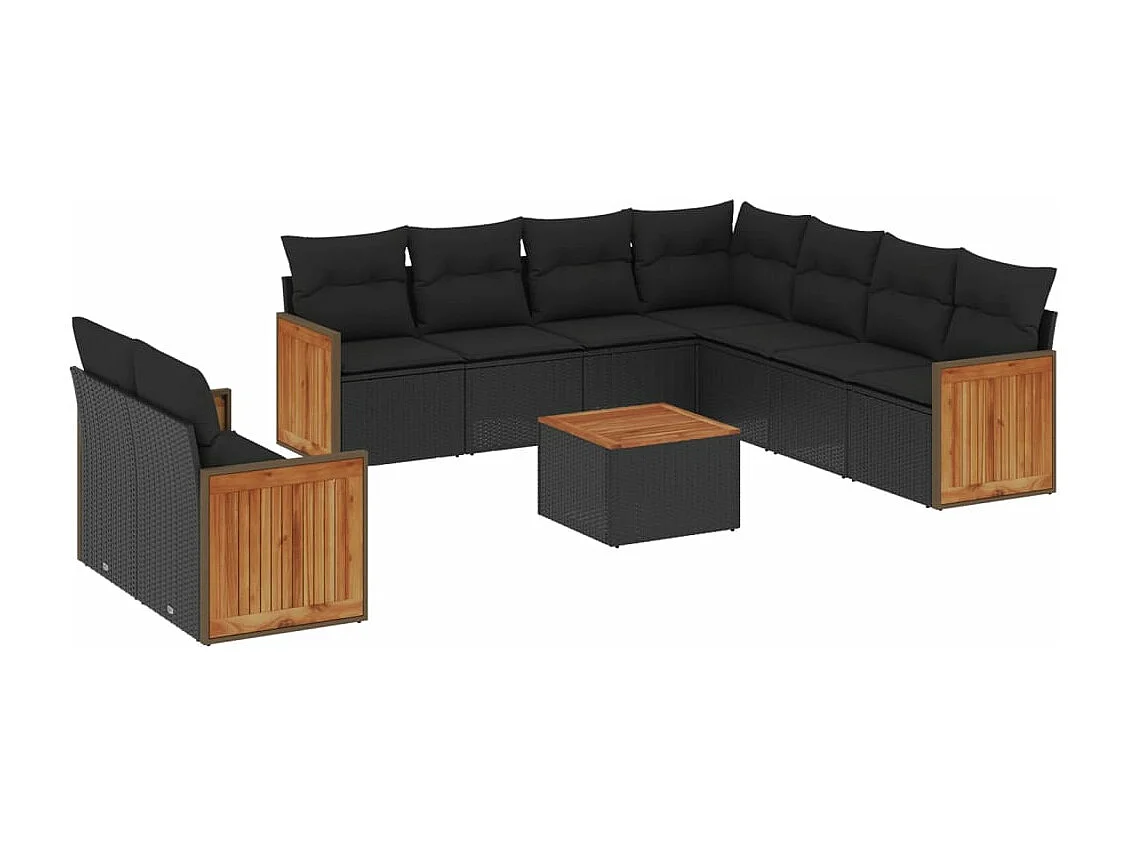 Salon de jardin 10 pcs avec coussins noir résine tressée