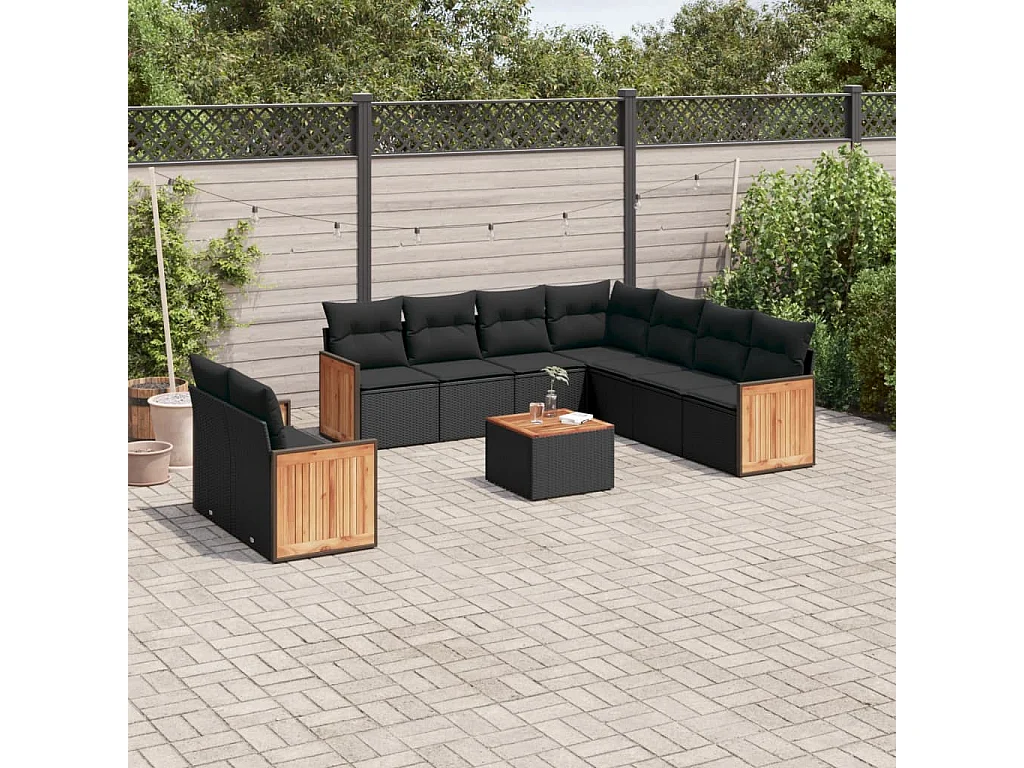Salon de jardin 10 pcs avec coussins noir résine tressée