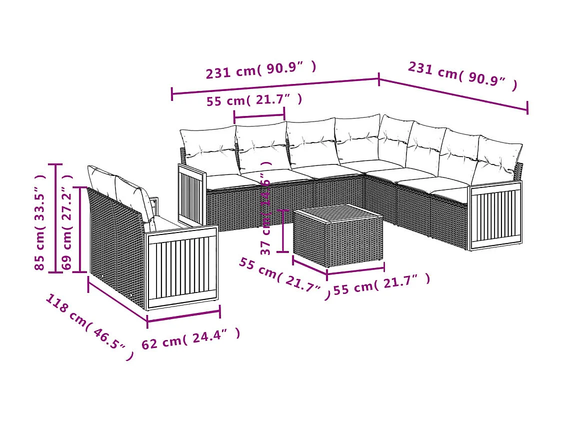 Salon de jardin 10 pcs avec coussins noir résine tressée