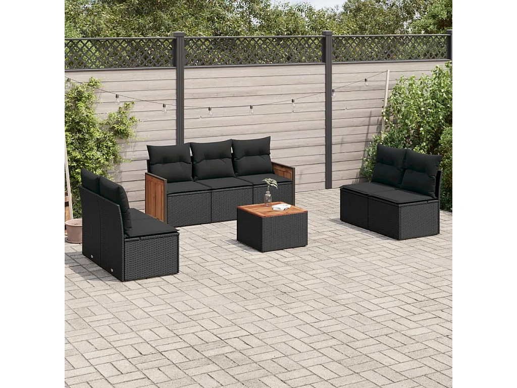 Salon de jardin 8 pcs avec coussins noir résine tressée