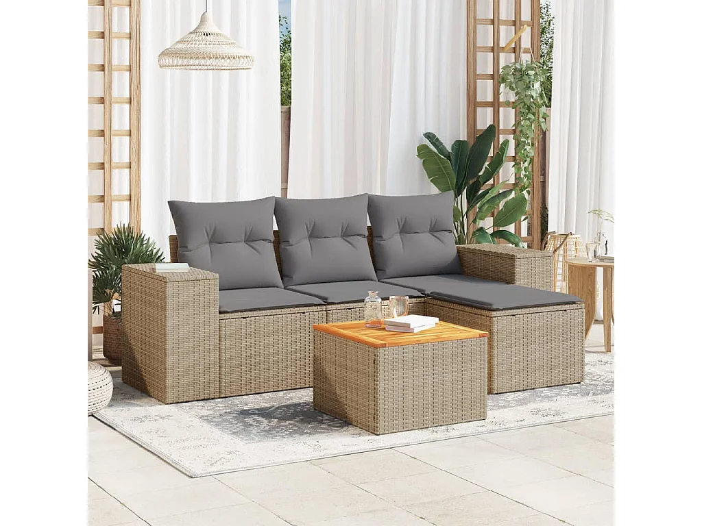 Salon de jardin avec coussins 5 pcs beige résine tressée