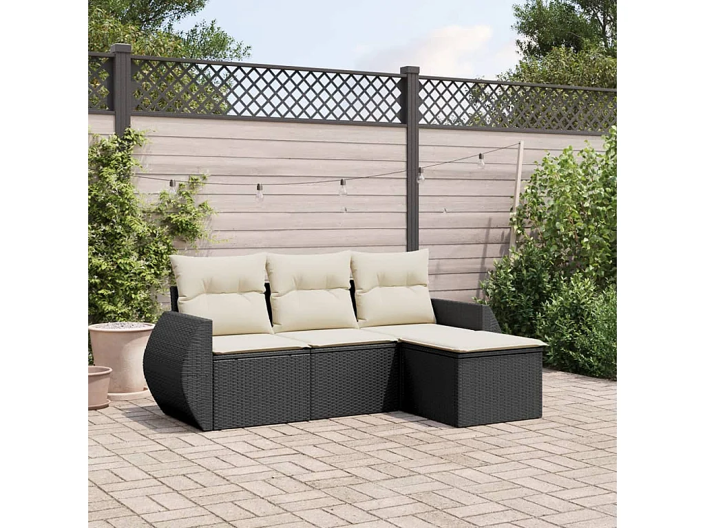 Salon de jardin 4 pcs avec coussins noir résine tressée