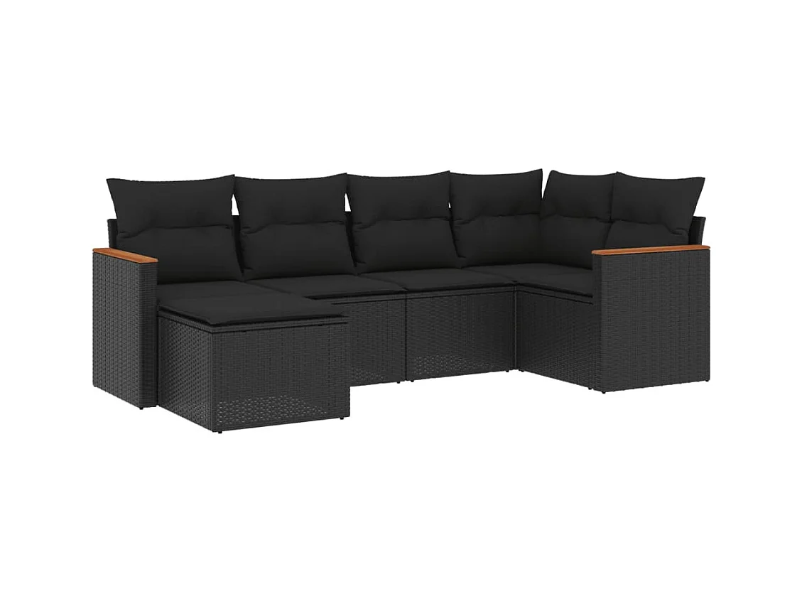 Salon de jardin 6 pcs avec coussins noir résine tressée