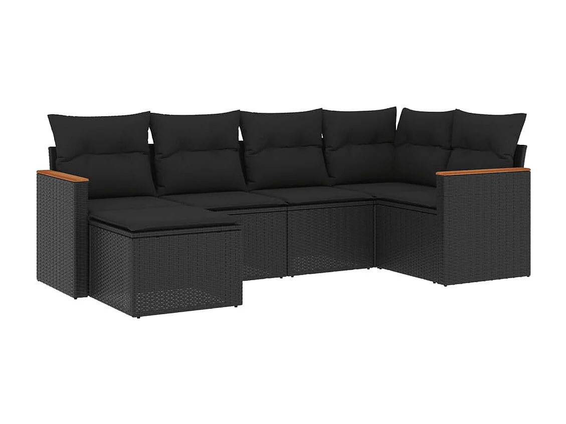 Salon de jardin 6 pcs avec coussins noir résine tressée