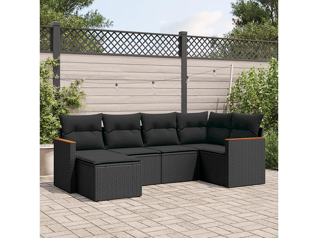 Salon de jardin 6 pcs avec coussins noir résine tressée