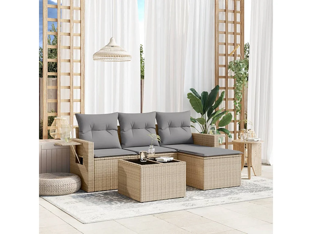 Salon de jardin avec coussins 4 pcs beige résine tressée