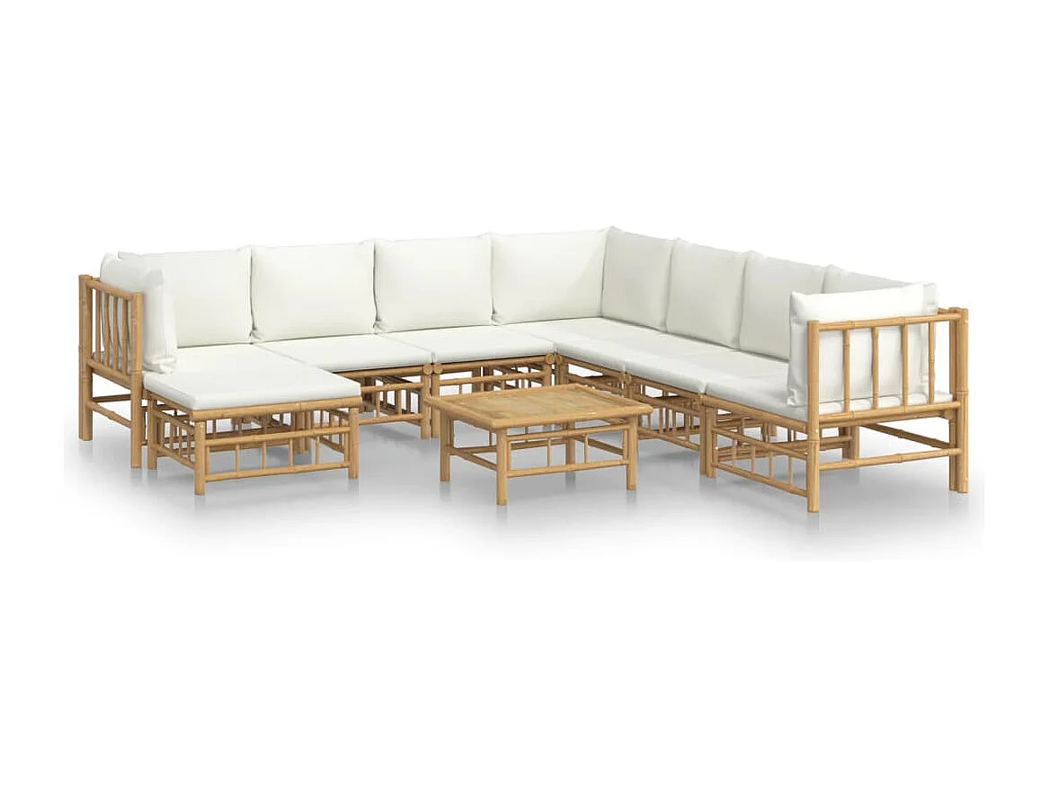 Salon de jardin 9 pcs avec coussins blanc crème bambou