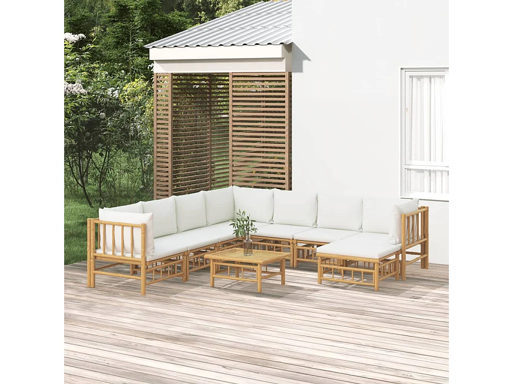 Salon de jardin 9 pcs avec coussins blanc crème bambou