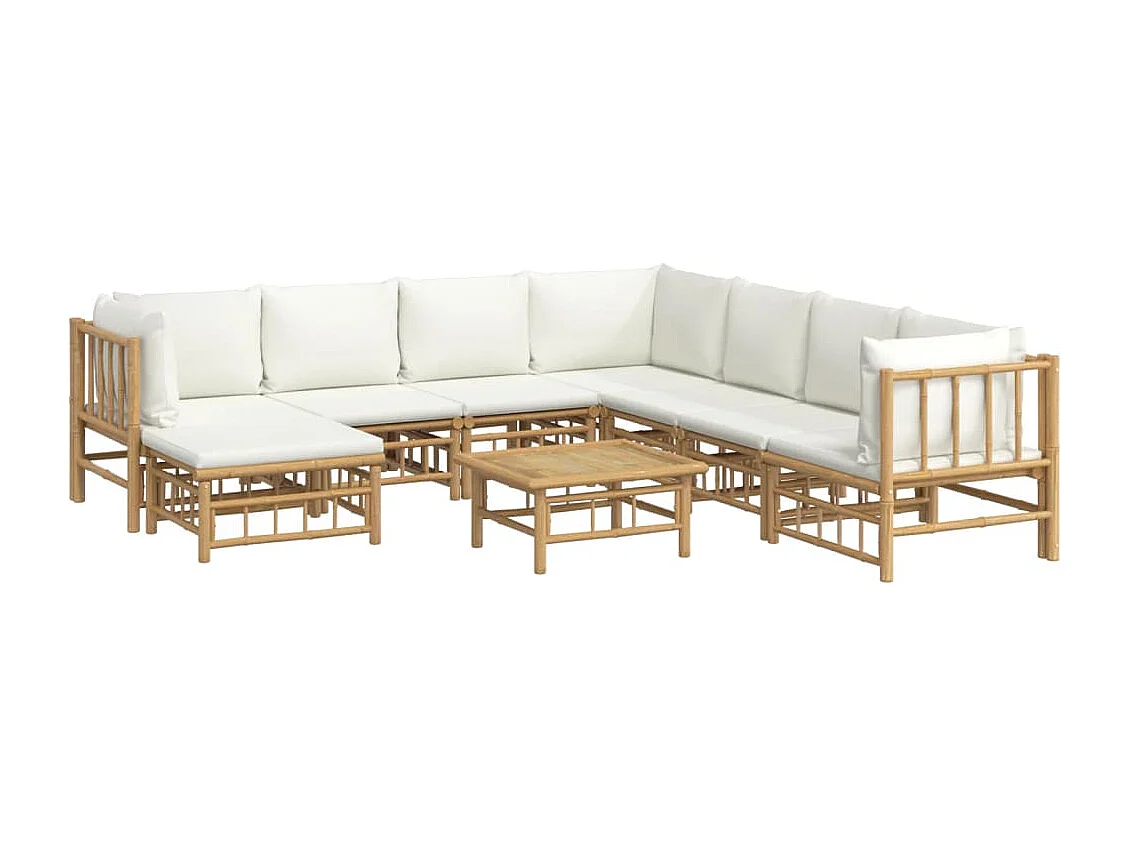 Salon de jardin 9 pcs avec coussins blanc crème bambou