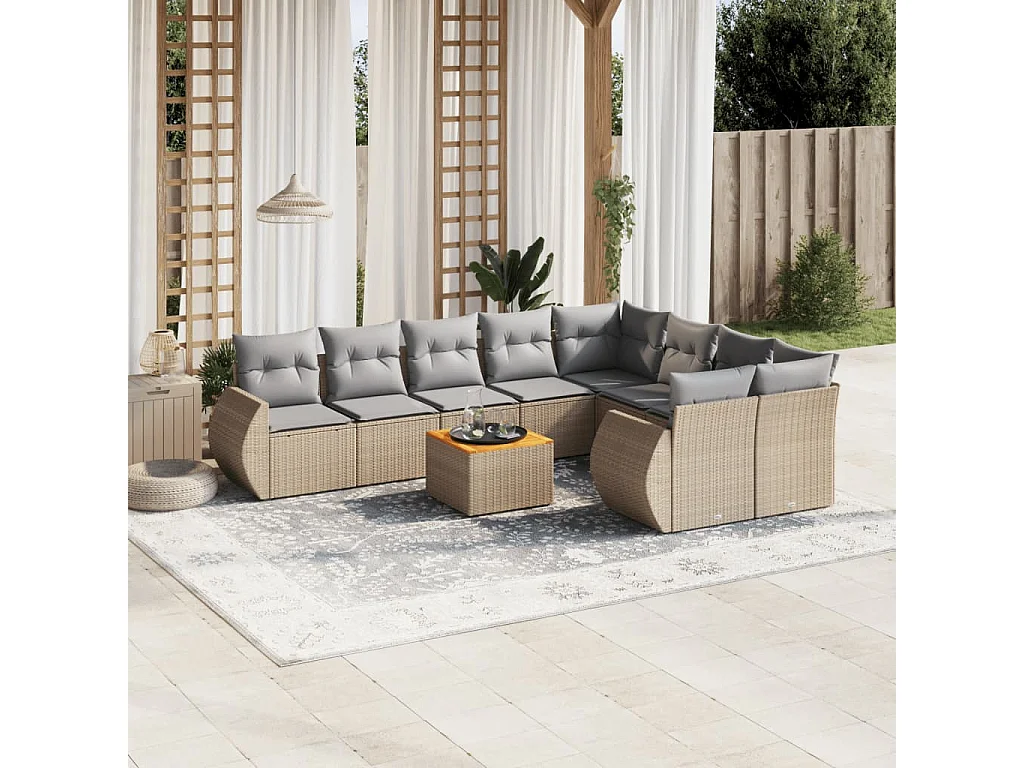 Salon de jardin avec coussins 10 pcs beige résine tressée