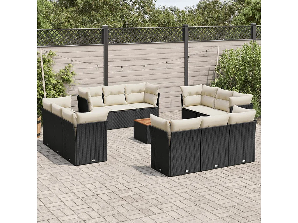 Salon de jardin avec coussins 13 pcs noir résine tressée