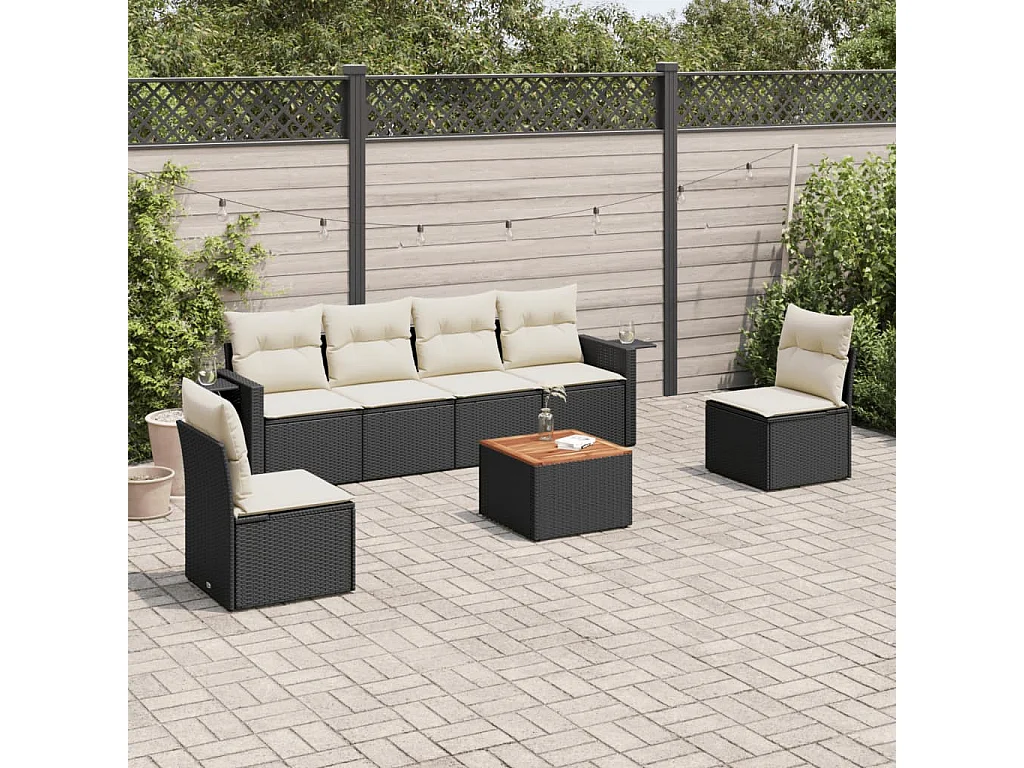Salon de jardin 7 pcs avec coussins noir résine tressée