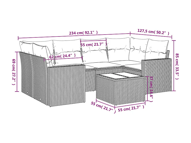 Salon de jardin 7 pcs avec coussins noir résine tressée
