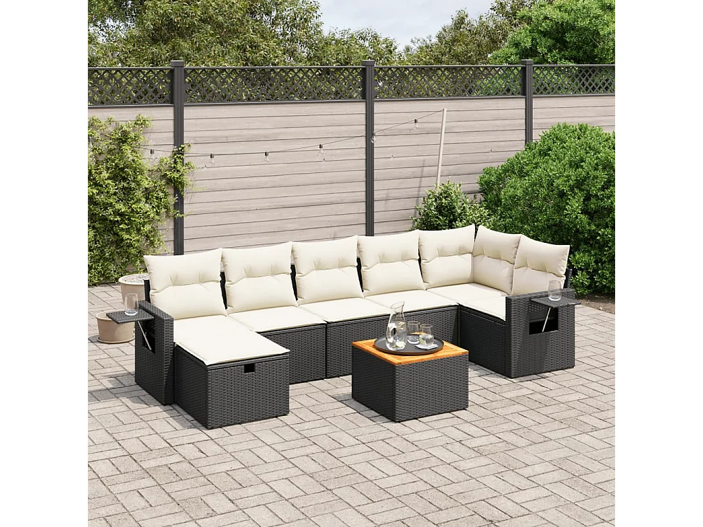Salon de jardin 8 pcs avec coussins noir résine tressée