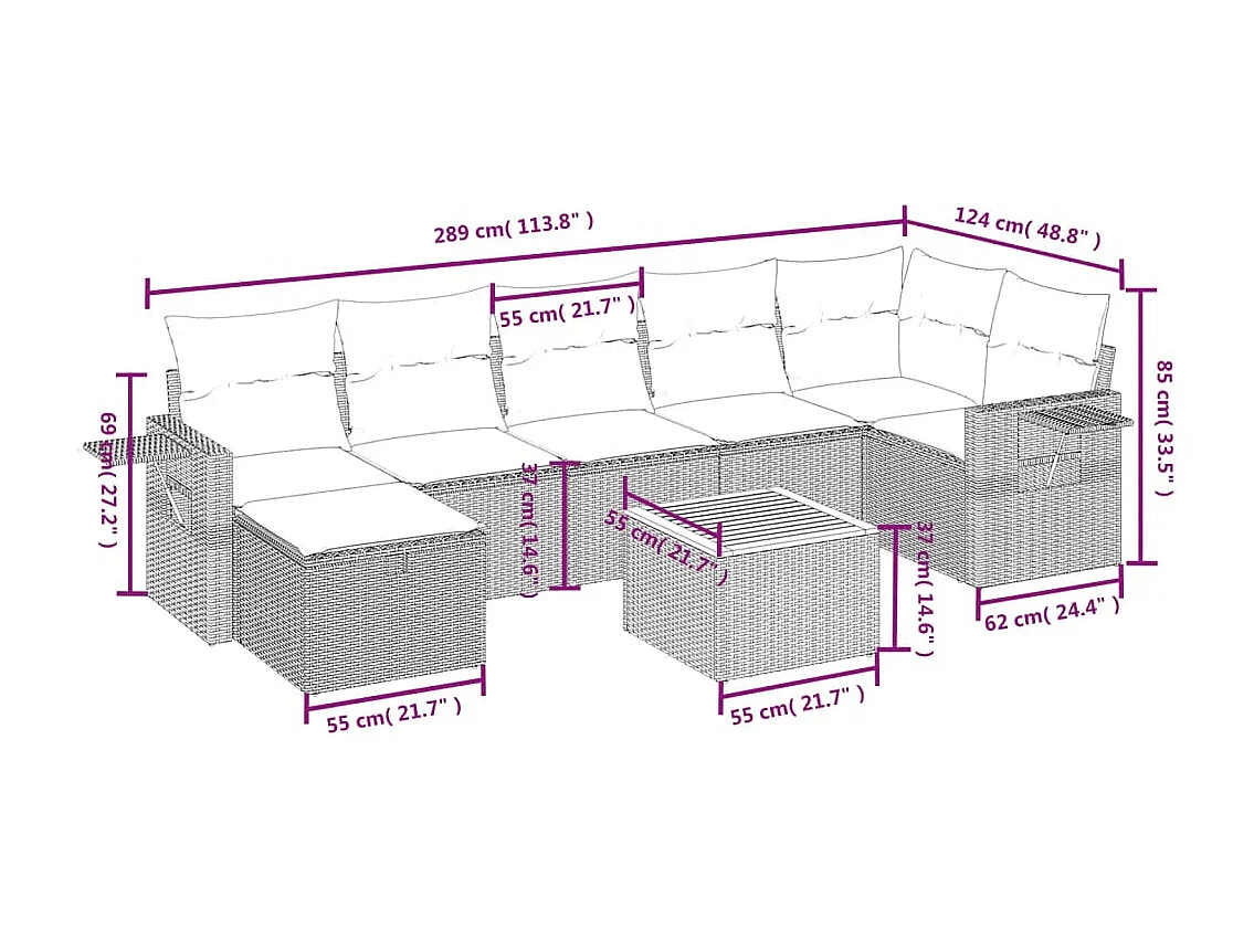 Salon de jardin 8 pcs avec coussins noir résine tressée