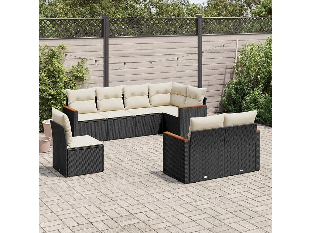 Salon de jardin 8 pcs avec coussins noir résine tressée