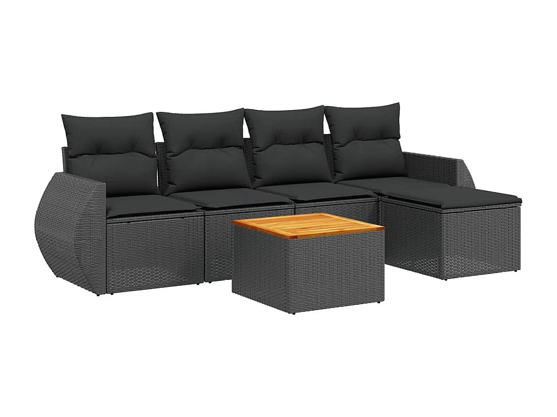Salon de jardin 6 pcs avec coussins noir résine tressée