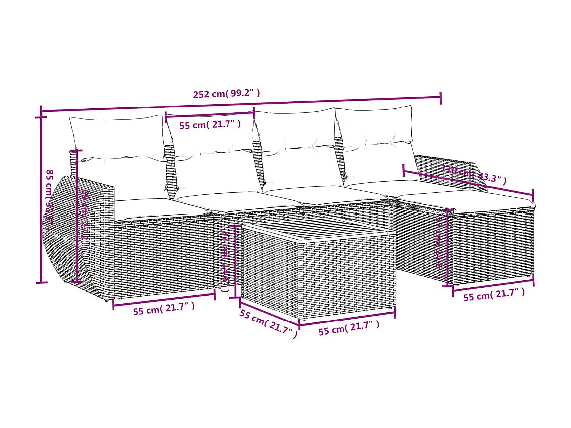 Salon de jardin 6 pcs avec coussins noir résine tressée