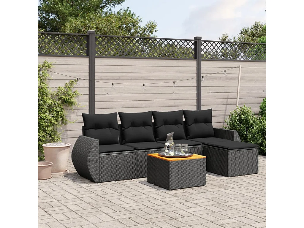 Salon de jardin 6 pcs avec coussins noir résine tressée