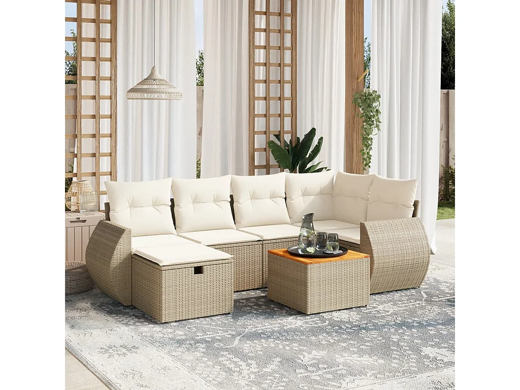 Salon de jardin avec coussins 7 pcs beige résine tressée