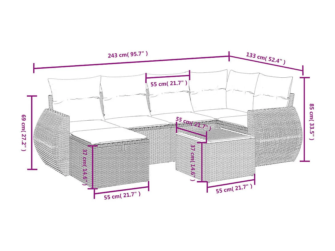 Salon de jardin avec coussins 7 pcs beige résine tressée