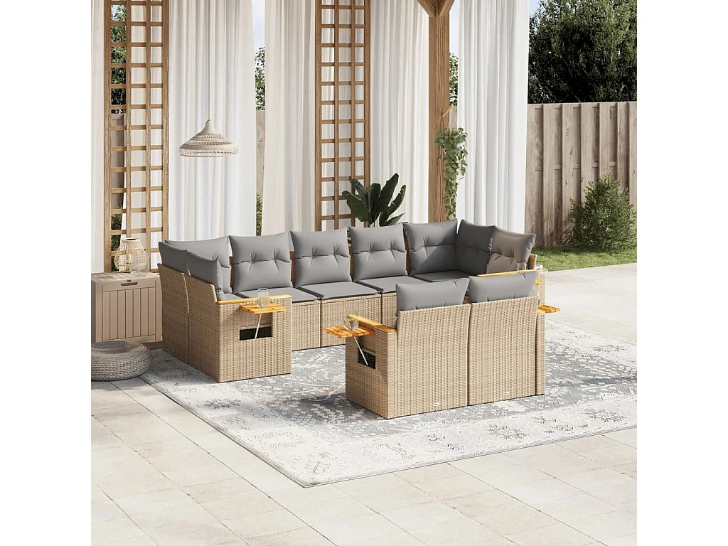 Salon de jardin avec coussins 9 pcs beige résine tressée