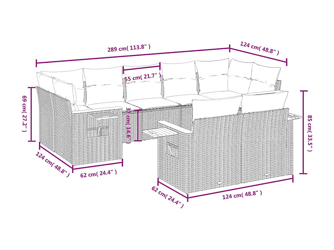 Salon de jardin avec coussins 9 pcs beige résine tressée