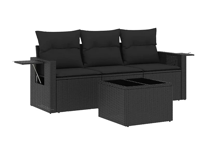 Salon de jardin 4 pcs avec coussins noir résine tressée