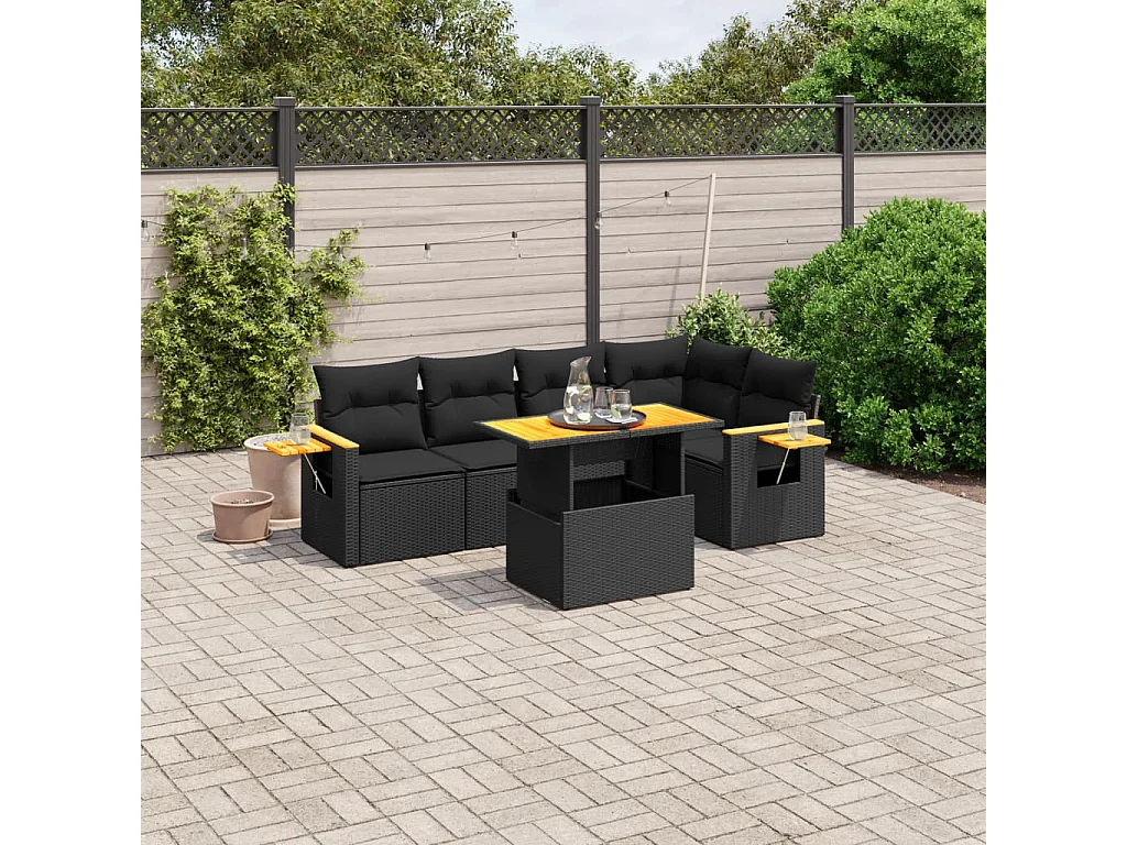 Salon de jardin 6 pcs avec coussins noir résine tressée